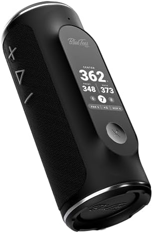 Blue Tees Golf Player+ GPS Speaker with Touch Screen Display, 10+ Hours Battery, 40,000+ Courses, Visual + Audible Distance, Hazard Distance - IPX7 Waterproof (Black)